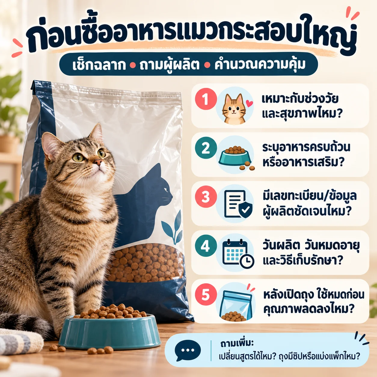 ก่อนซื้ออาหารแมวกระสอบใหญ่ ควรถามอะไรจากฉลากและผู้ผลิตก่อนตัดสินใจ?