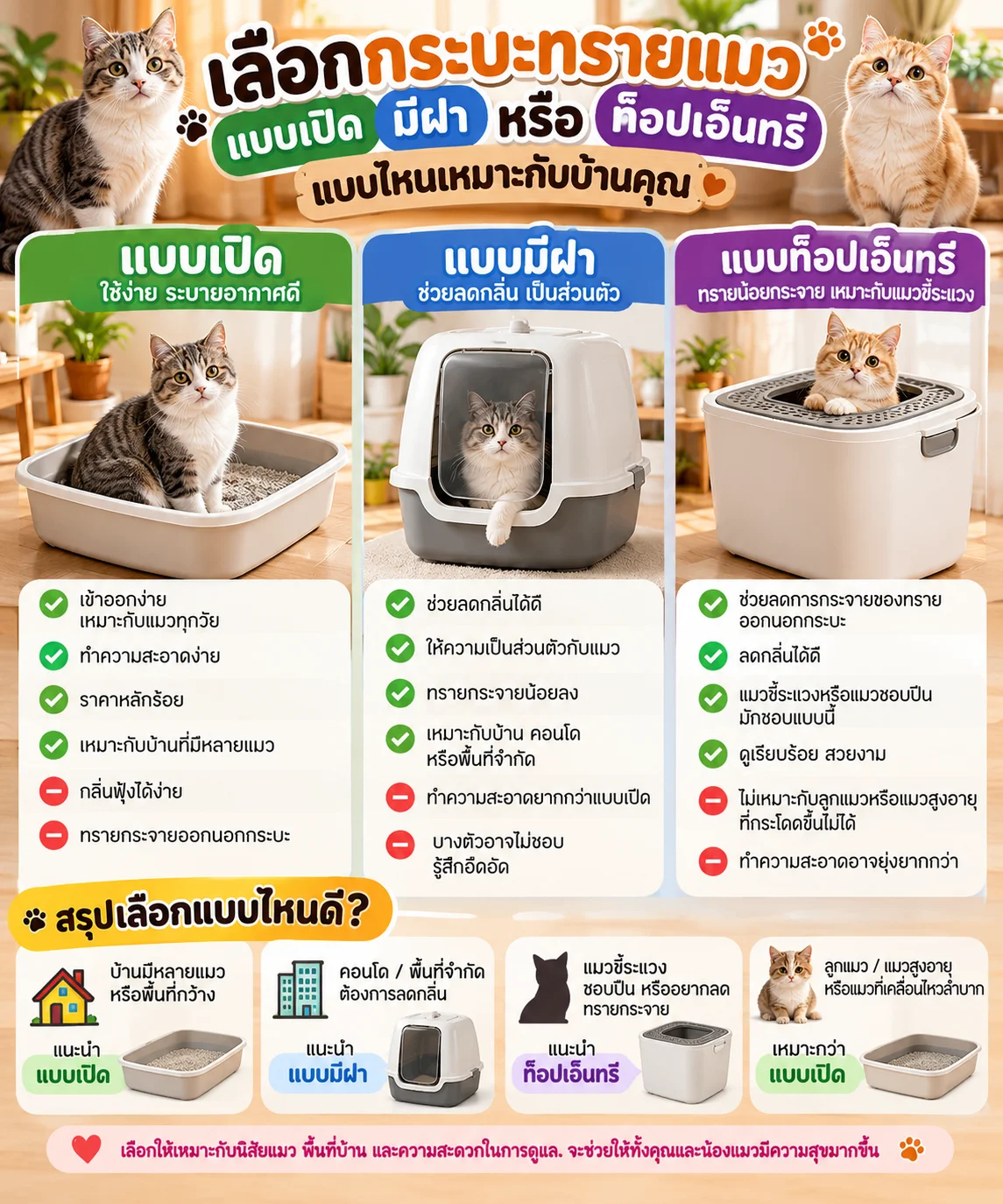 เลือกกระบะทรายแมวแบบเปิด มีฝา หรือท็อปเอ็นทรี แบบไหนเหมาะกับบ้านคุณ