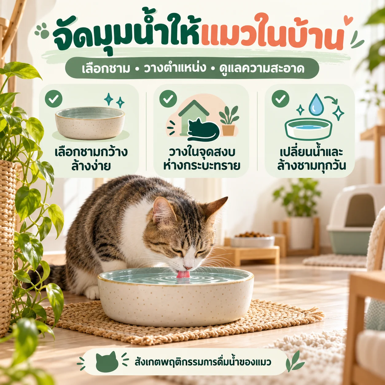 ภาพประกอบสร้างด้วย AI: แมวลายสลิดดื่มน้ำจากชามเซรามิกในมุมเงียบของบ้าน