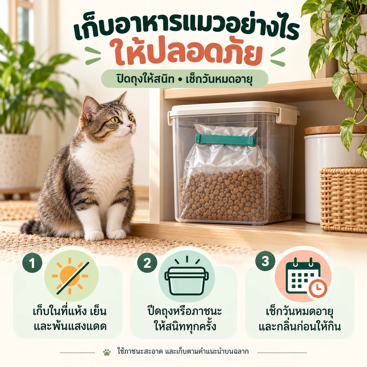 ผู้ดูแลปิดถุงอาหารแมวและเก็บไว้ในภาชนะสะอาดแห้ง