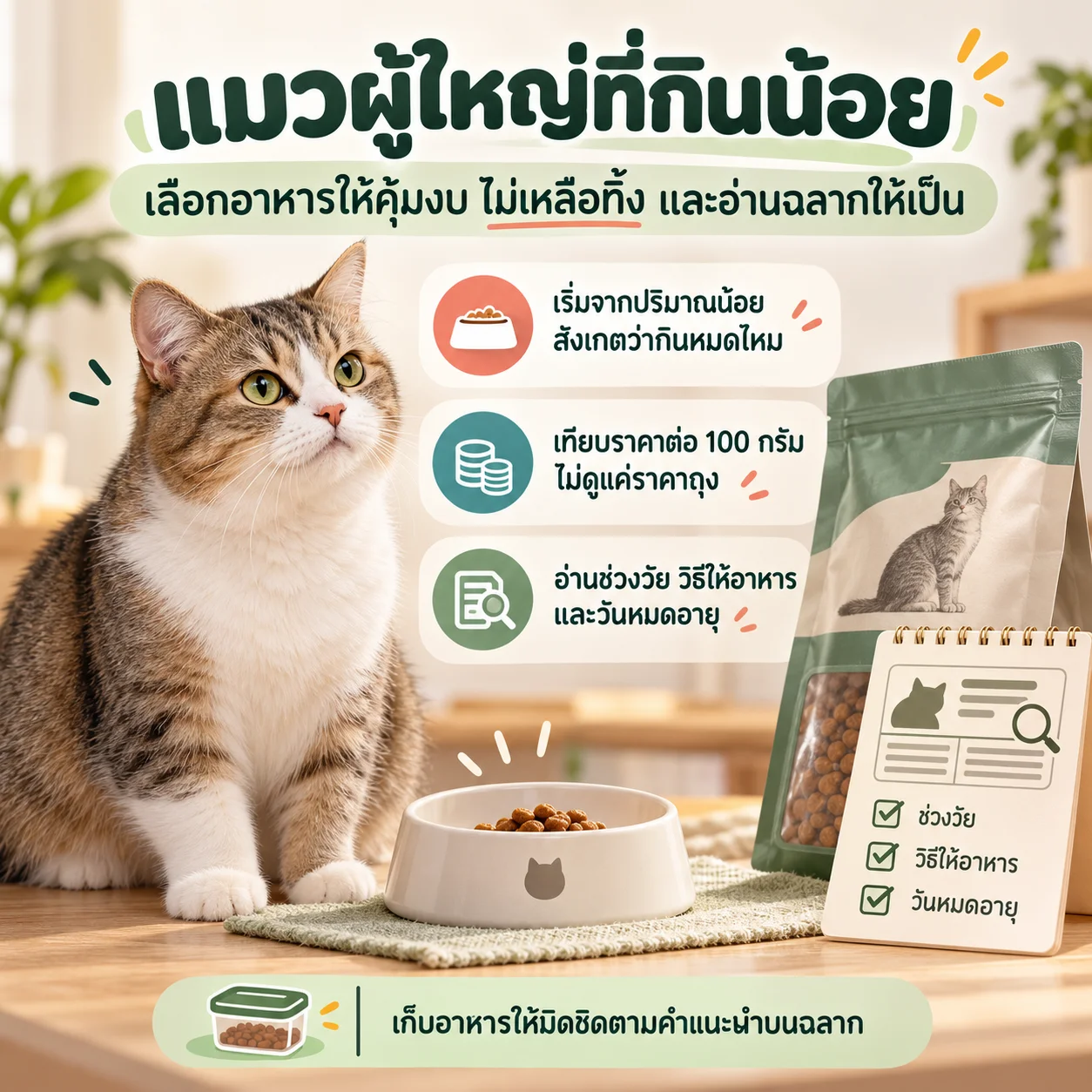 แมวผู้ใหญ่ที่กินน้อย เลือกอาหารอย่างไรให้คุ้มงบ ไม่เหลือทิ้ง และอ่านฉลากให้เป็น