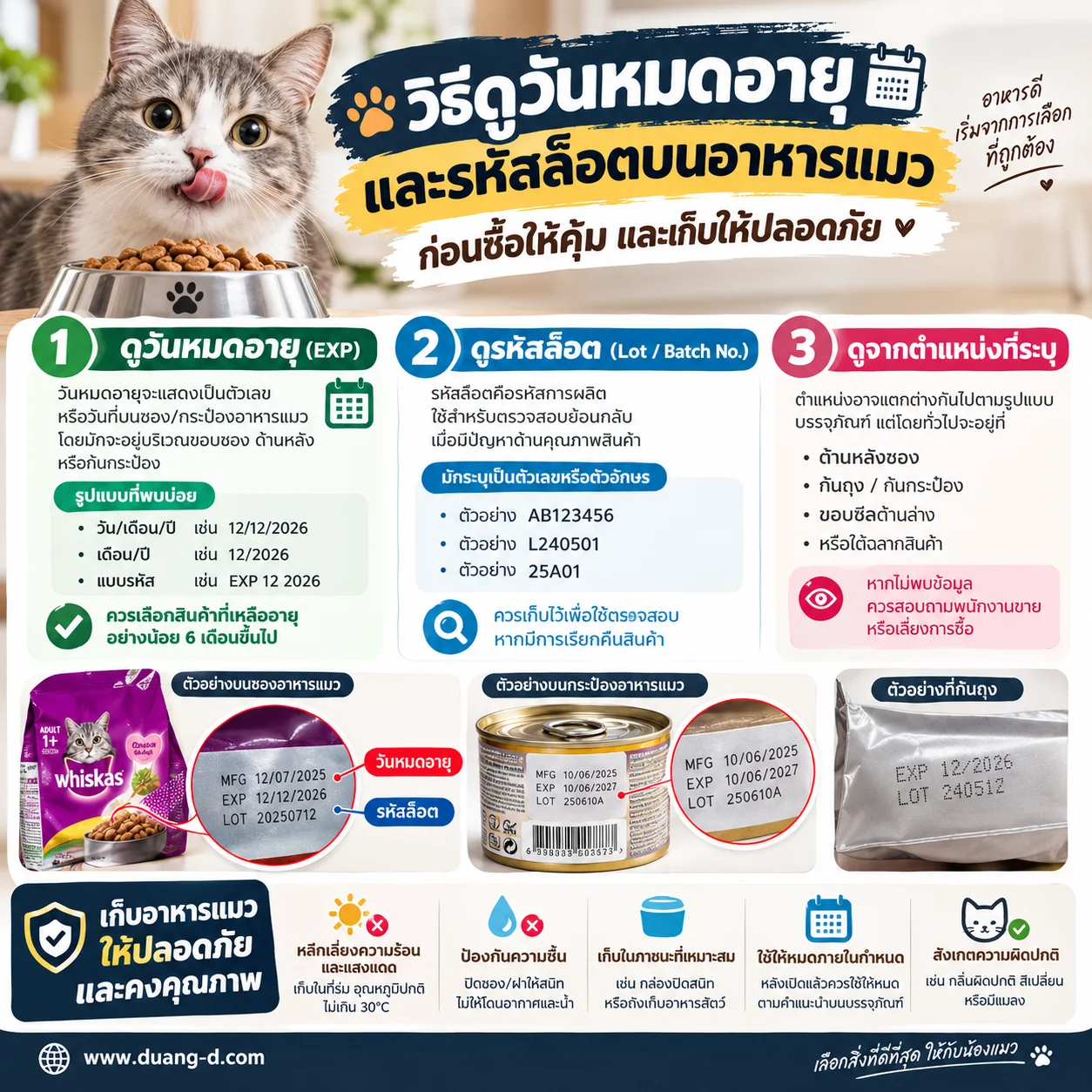วิธีดูวันหมดอายุและรหัสล็อตบนอาหารแมว ก่อนซื้อให้คุ้มและเก็บให้ปลอดภัย